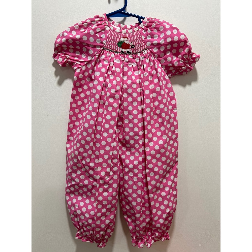 Smocked Giraffe Pink White Polka Dot Santa Smocked Romper Jumper 18M‎ Christmas